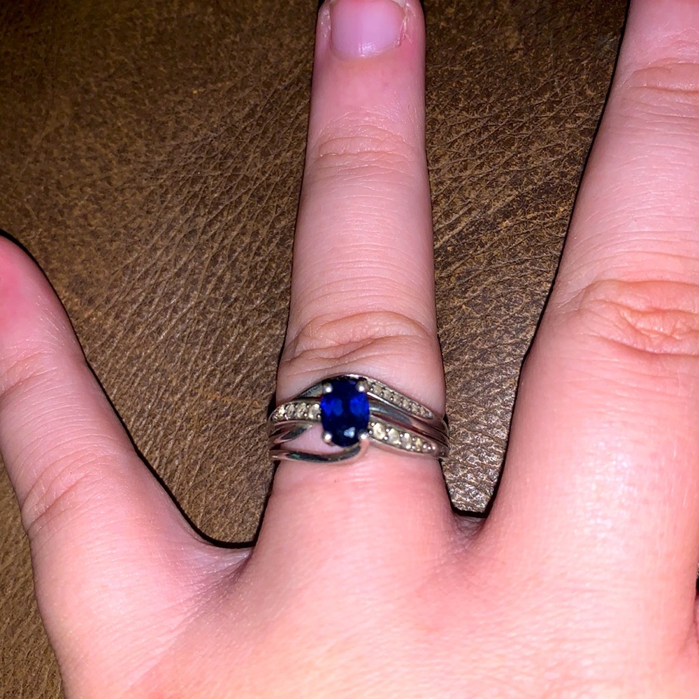 Lab Grown Silver Sapphire Ring with Diamond Accent